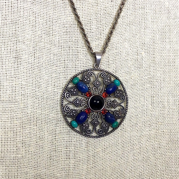 Sterling Silver Turquoise Garnet Onyx Lapis Marcasite Pendant and Rope Necklace - Picture 8 of 13